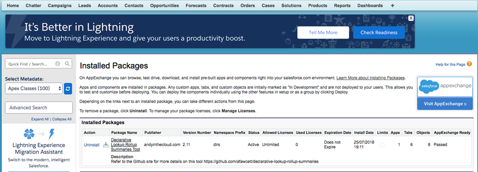 salesforce lightning installed packages